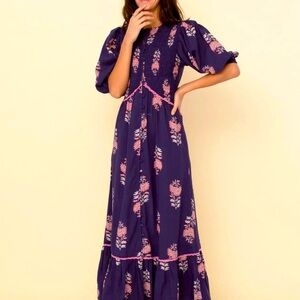 Sonmer blue magnolia, cotton vegan maxi bohemian dress